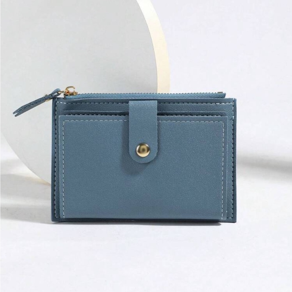 Minimalist Blue Card Wallet with Snap and Zip